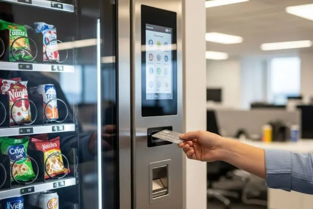 Hand inserting a payment card into the reader on a vending machine