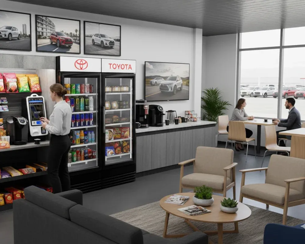 Toyota dealership customer lounge with drink coolers, a snack wall, a self-checkout kiosk, and a coffee bar