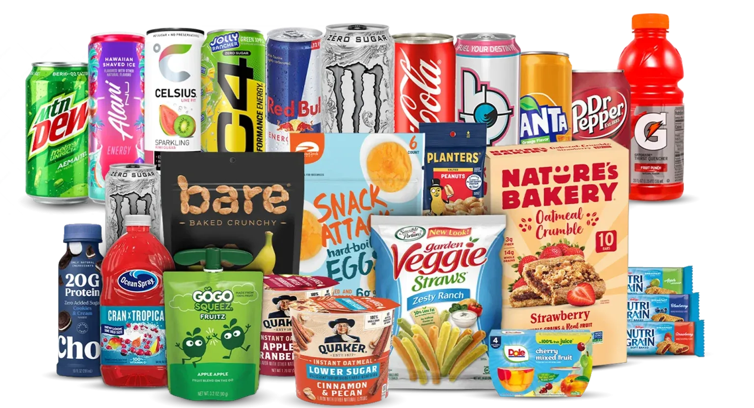 Name-brand drinks and snacks including Coca-Cola, Monster, Celsius, Gatorade, Quaker, and Nature's Bakery