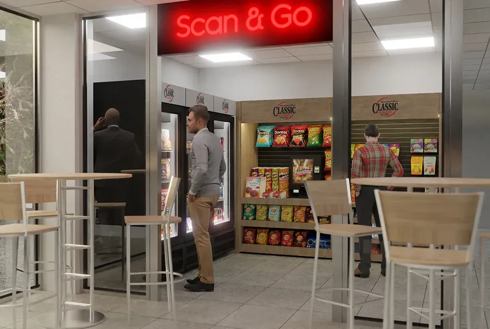 Employees shopping at a Scan and Go micro market with drink coolers, snack racks, and bar-height seating