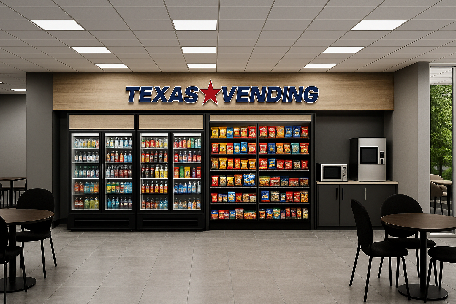 Modern Texas Vending micro-market in a DFW office space with snack racks, drink coolers, and microwaves.