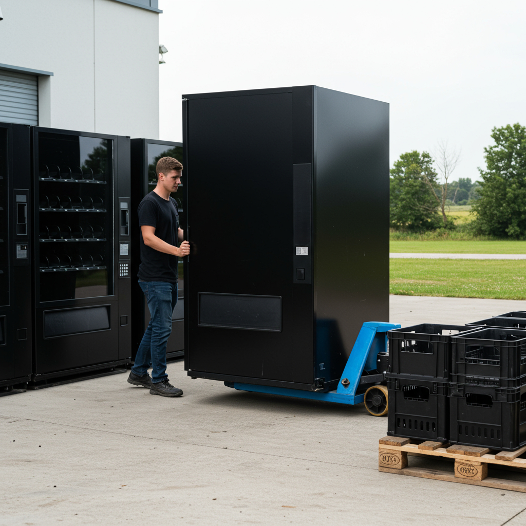 Young man using pallet jack to move a vending machine outside a vending warehouse in Dallas Fort Worth area.