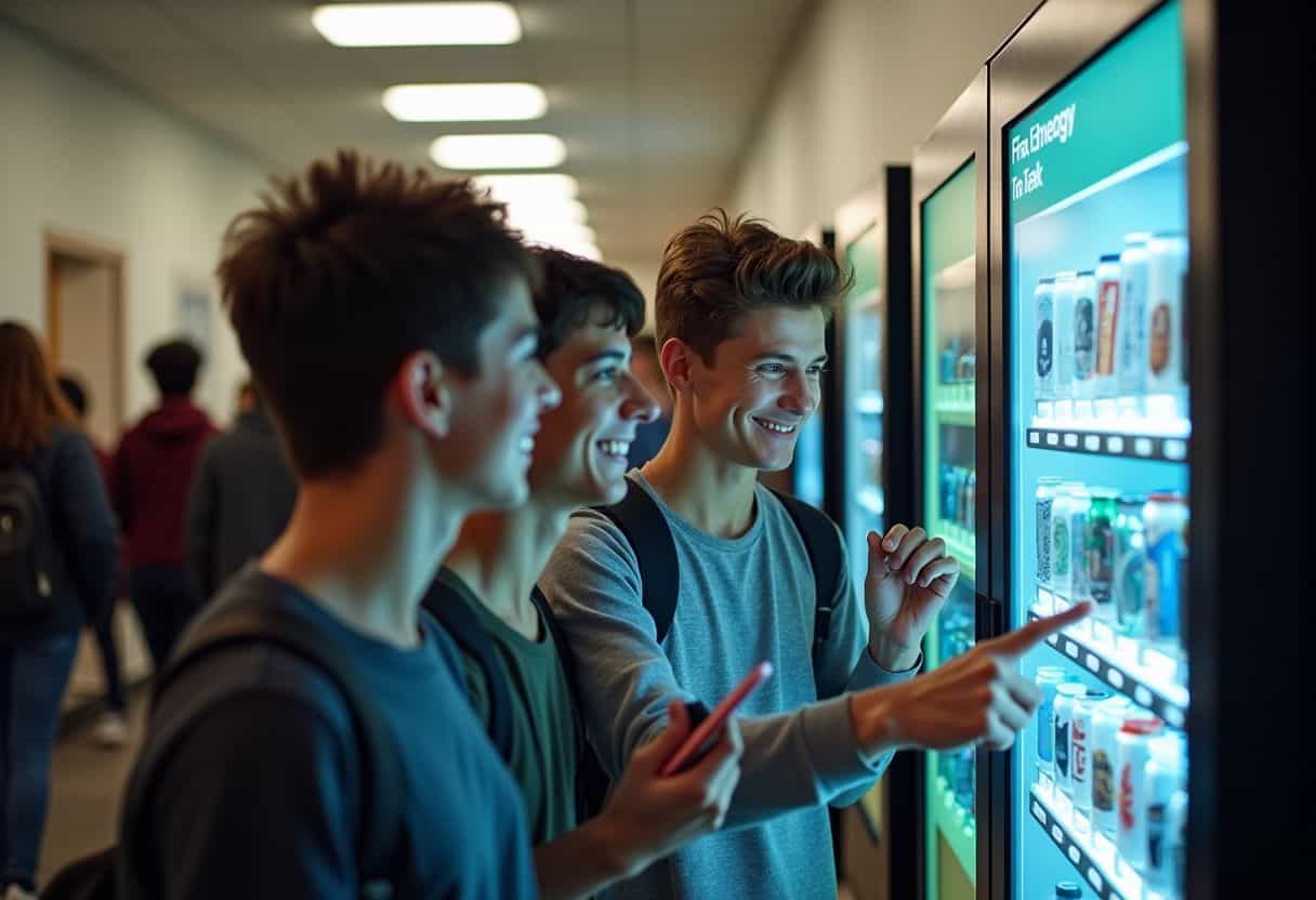 college students getting snacks from vending