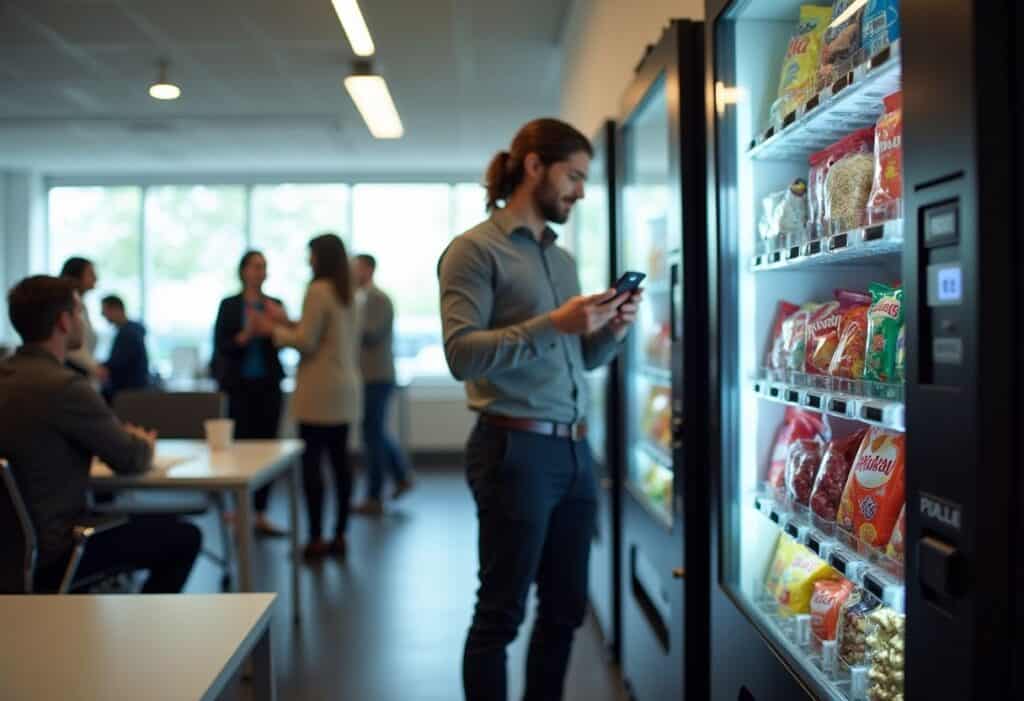 male office worker in front of vending
