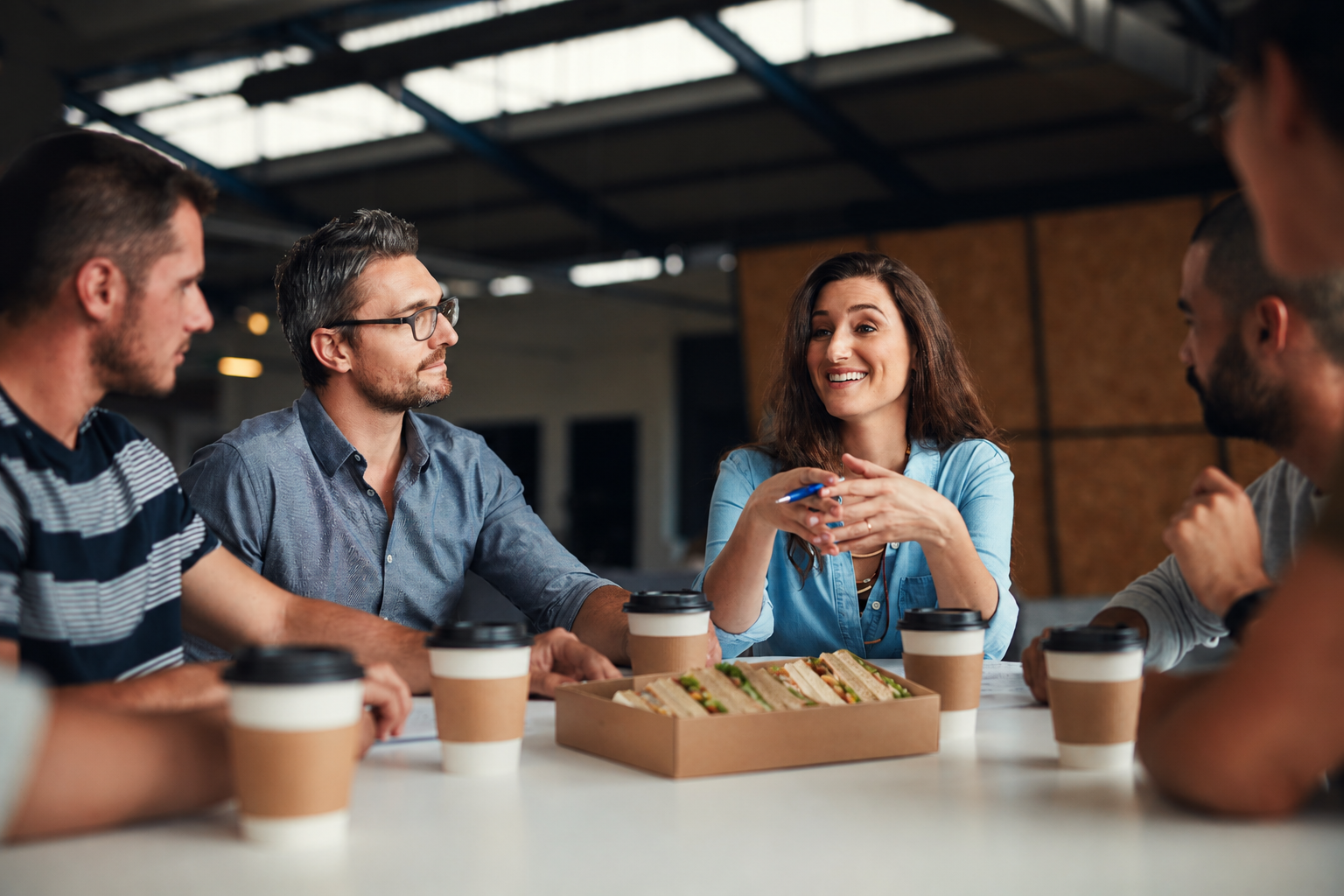 corporate meeting with coffee and sandwich