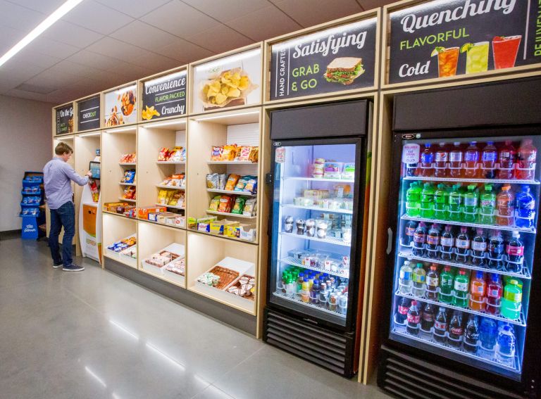 Self-check out micro market installed inside a Ferris TX warehouse break room.