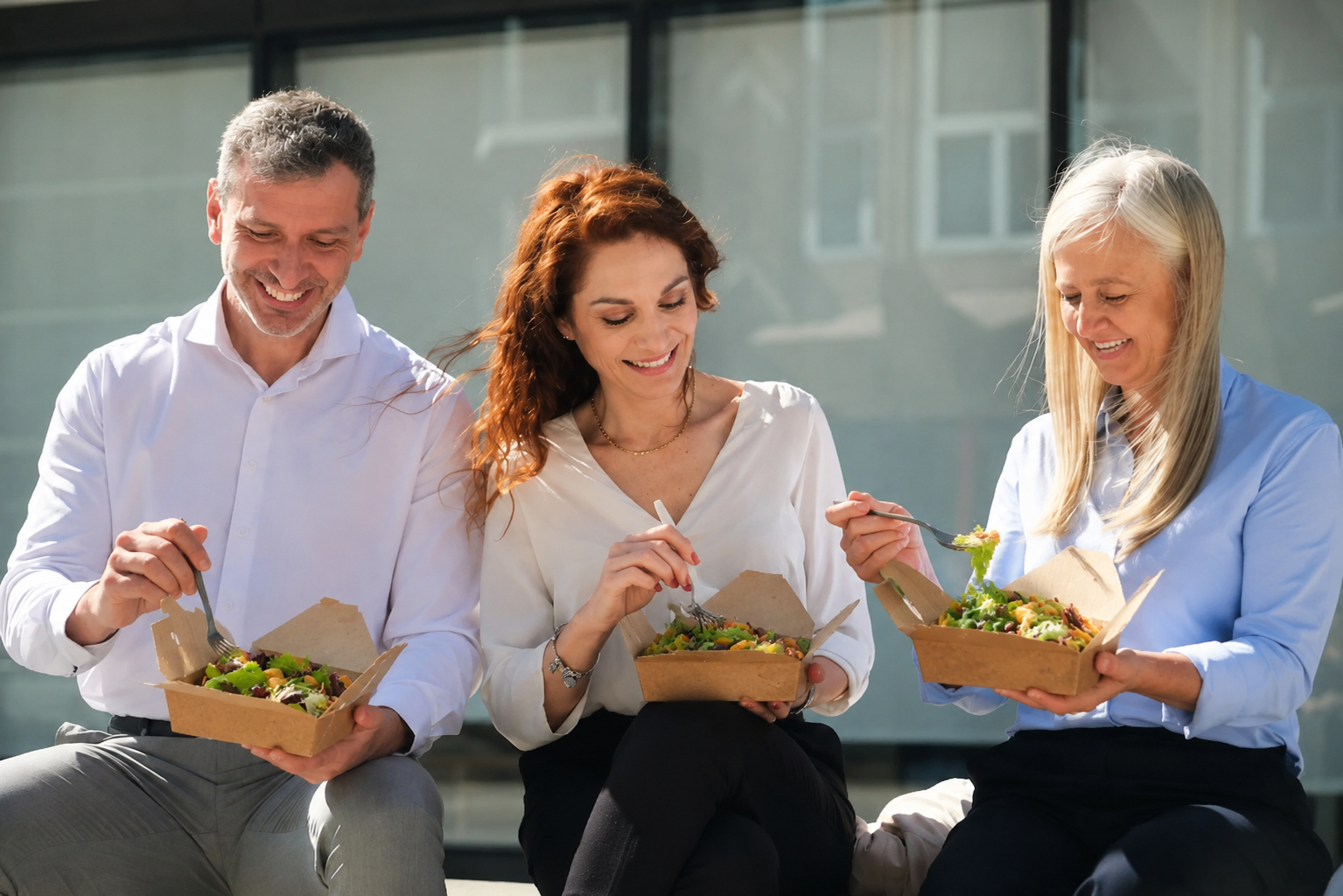 Outdoor lunch with colleagues near glass building