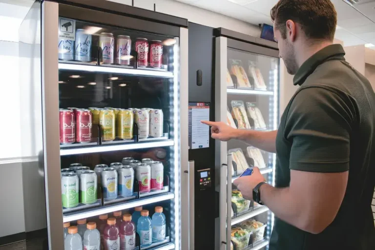 employees entering a breakroom during a shift change, with cashless vending machines visible nearby.