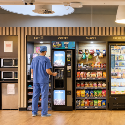 man in blue scrub at a micromarket getting coffee at Irving Texas
