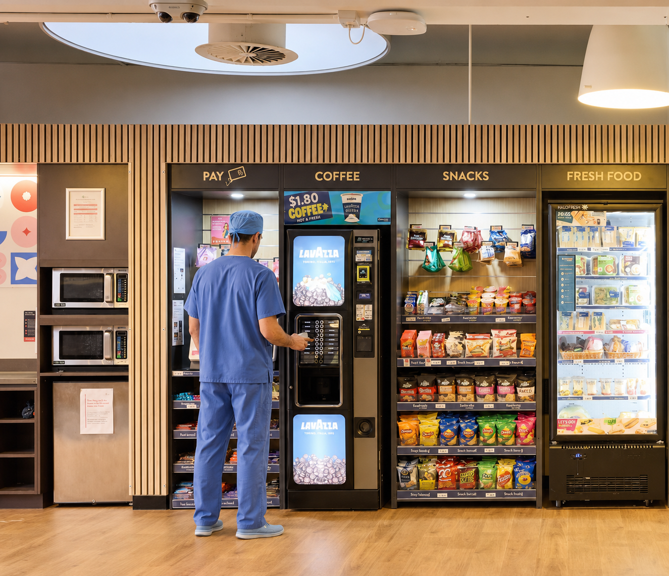 man in blue scrub at a micromarket getting coffee at Irving Texas