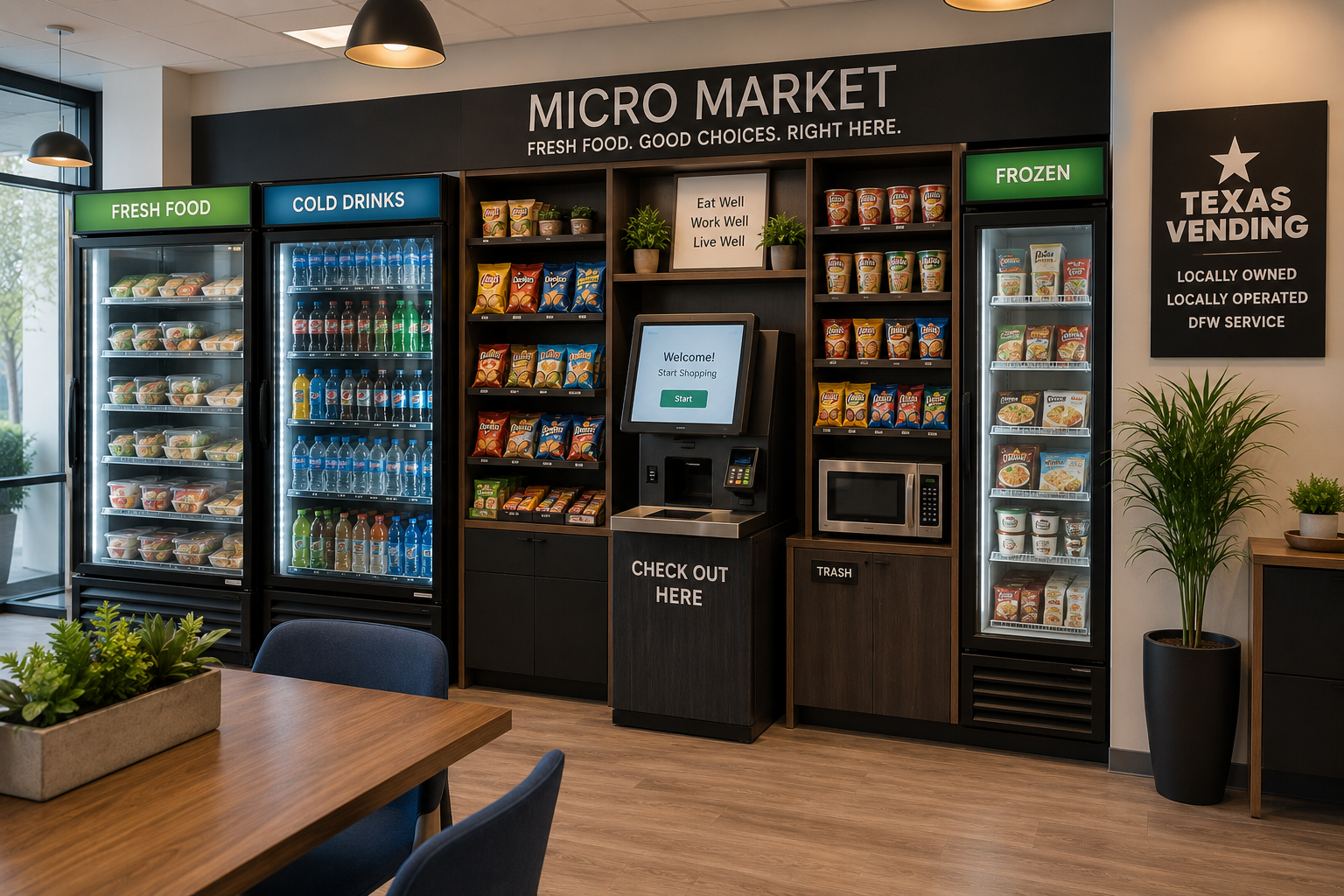 Self-check out micro market serving employees at a Prosper Texas workplace