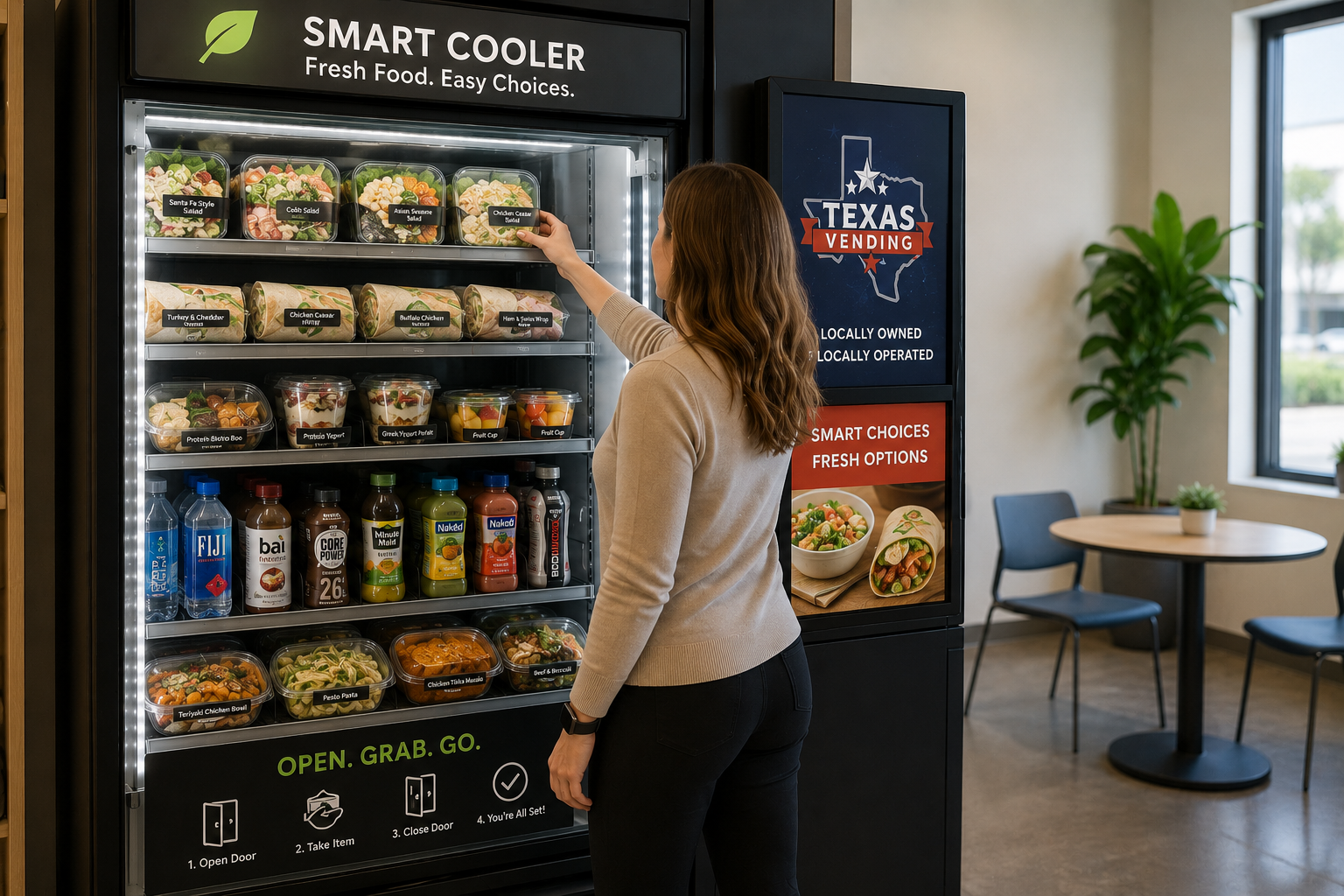 Smart cooler filled with fresh meals and healthy food inside a Prosper TX office