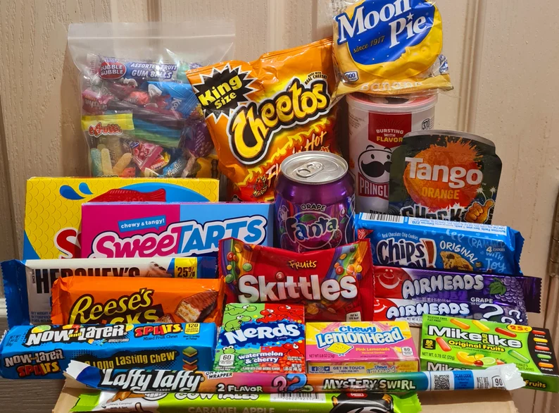 snacks, sweets and drinks