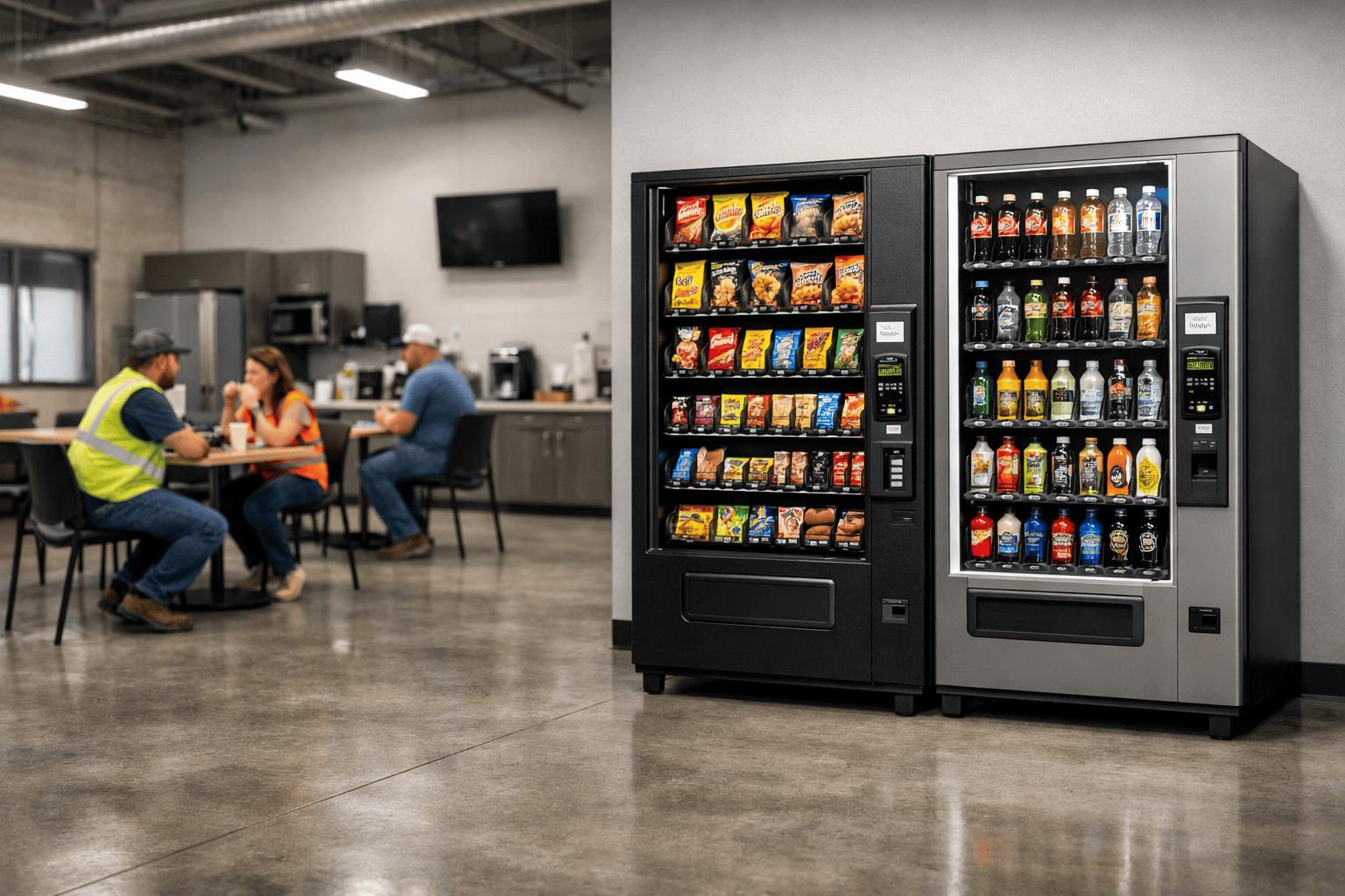 warehouse breakroom with a smart fridge near employee seating