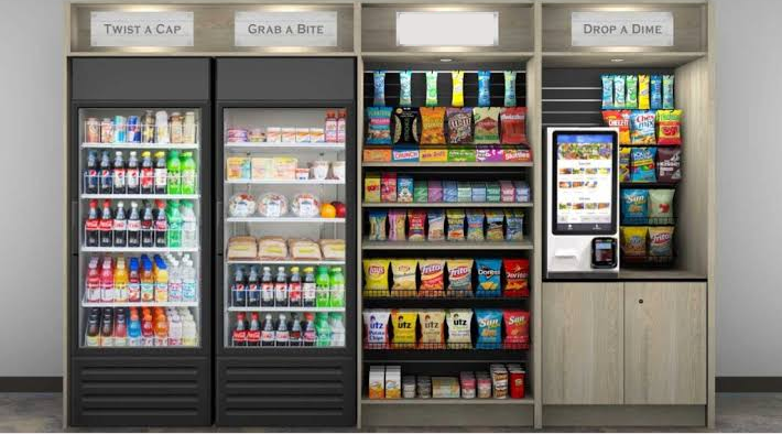 Self-check out micro market installed inside a Grand Prairie TX warehouse break room.