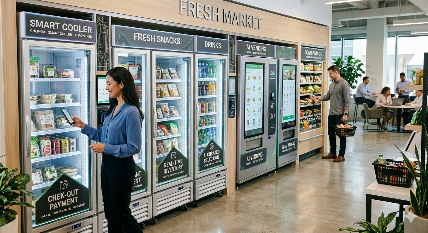 Bright micro market with refrigerated food, drinks, snack shelving, and self-checkout kiosk.