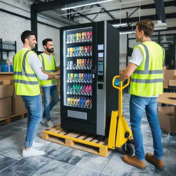 3 movers. getting the vending machine ready for moving using a pallet jack