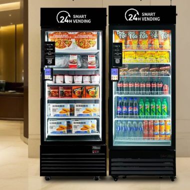 A smart cooler stocked with sandwiches, salads, wraps, bottled drinks, and protein snacks.