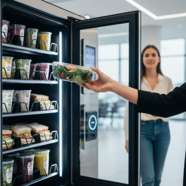glass door smart cooler fridge in the office with sandwiches and salads